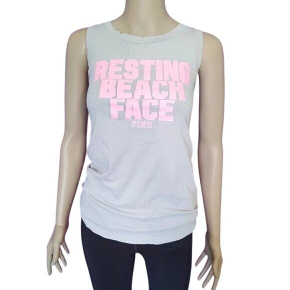 PINK Victoria's Secret Resting Beach Face Gray Tank Top - Picture 1 of 5